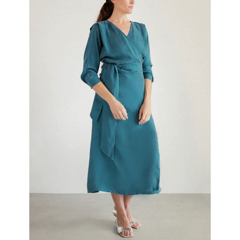 NORTE Women V-Neck Wrap Dress Sz S Teal Blue Feminine